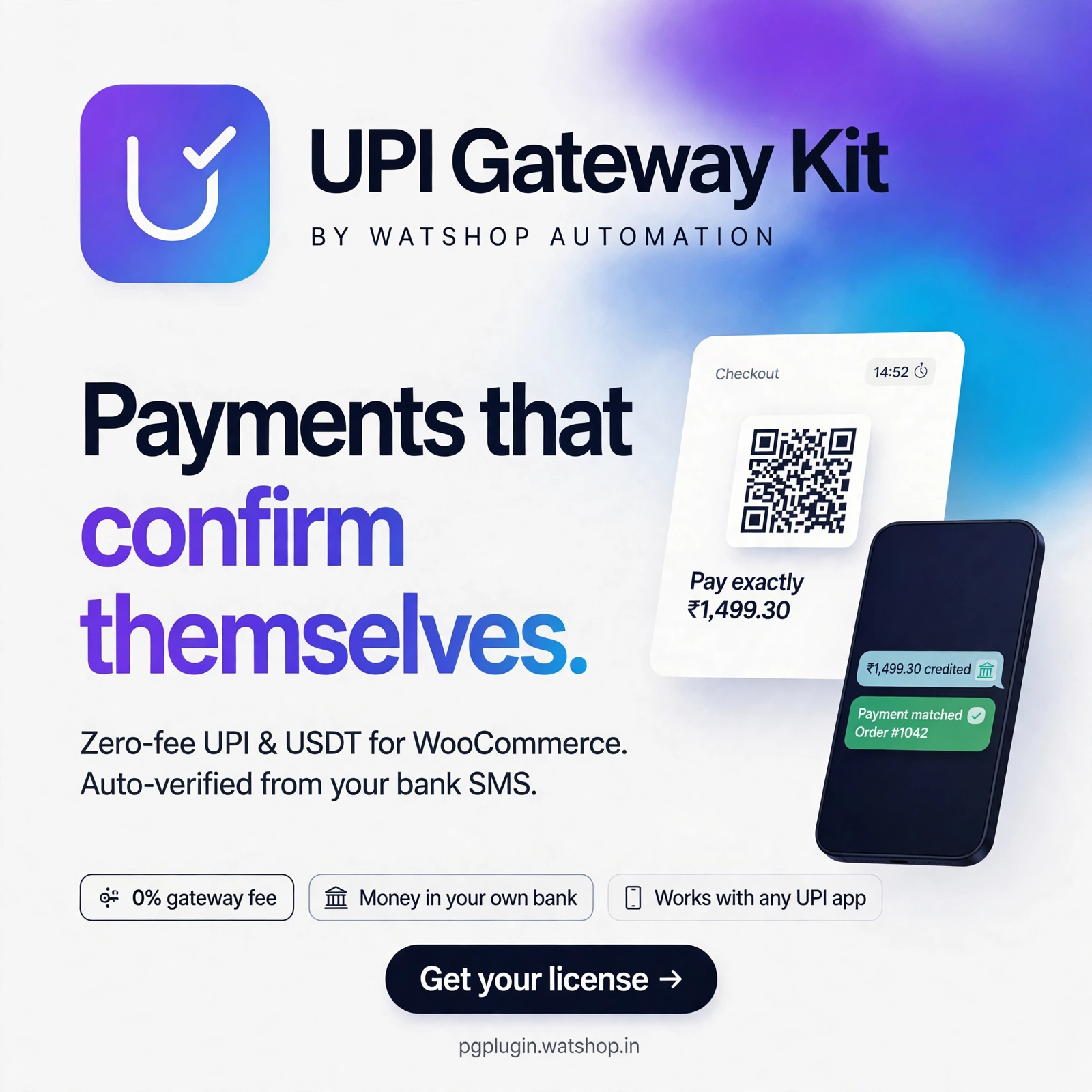 UPI Gateway Kit – Zero-Fee UPI & USDT Payments for WooCommerce (Auto-Verified) 1 Year