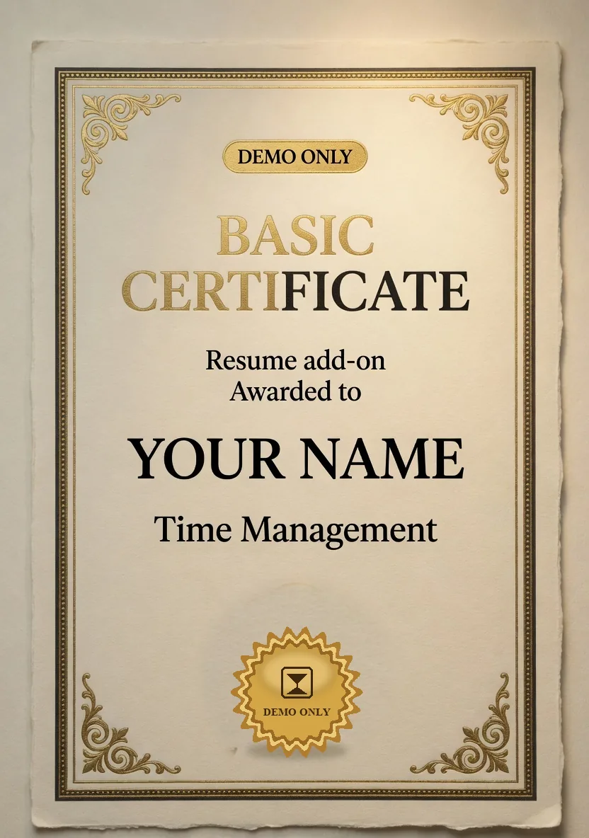 DEMO ONLY sample. Basic certificate, a resume add-on, awarded to your name.